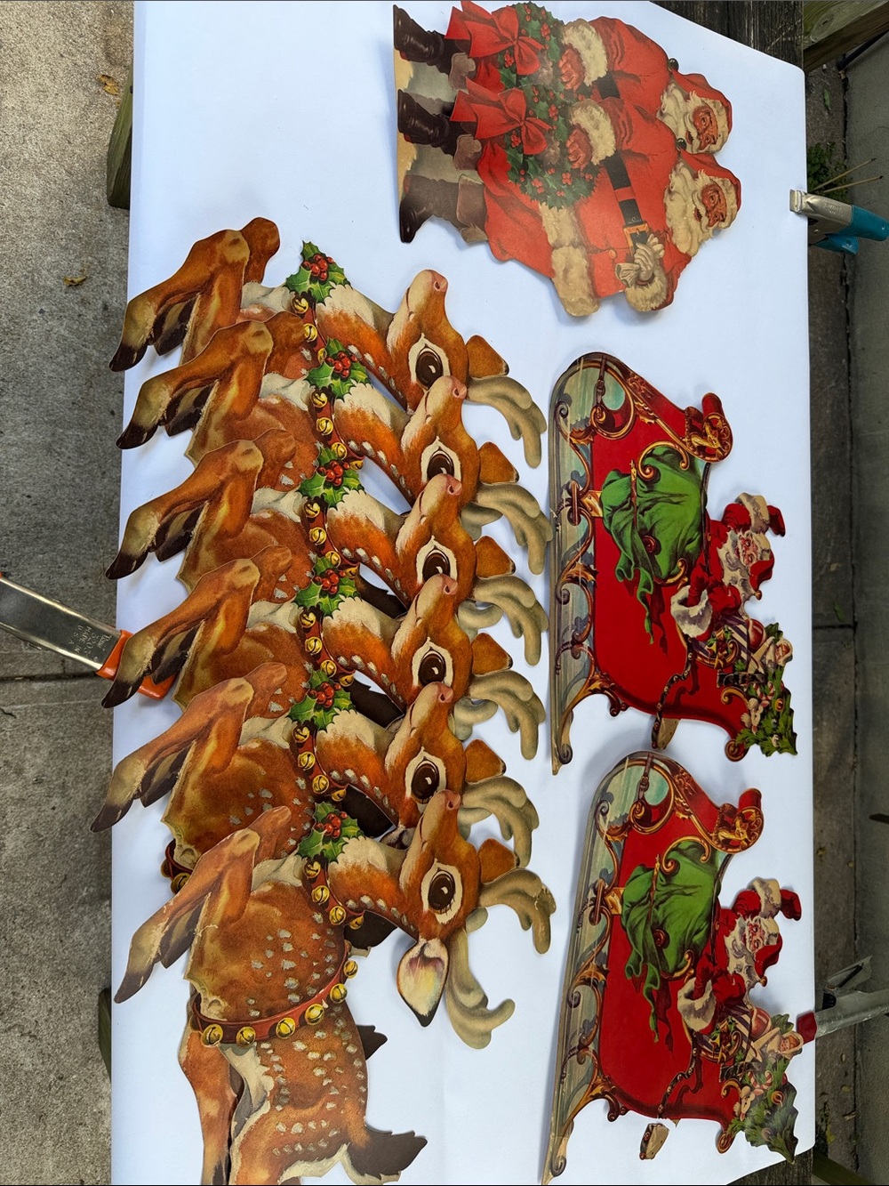 Vintage Dennison Christmas Die Cut Set - 2 Santas 2 Sleighs 6 Reindeer Lot
